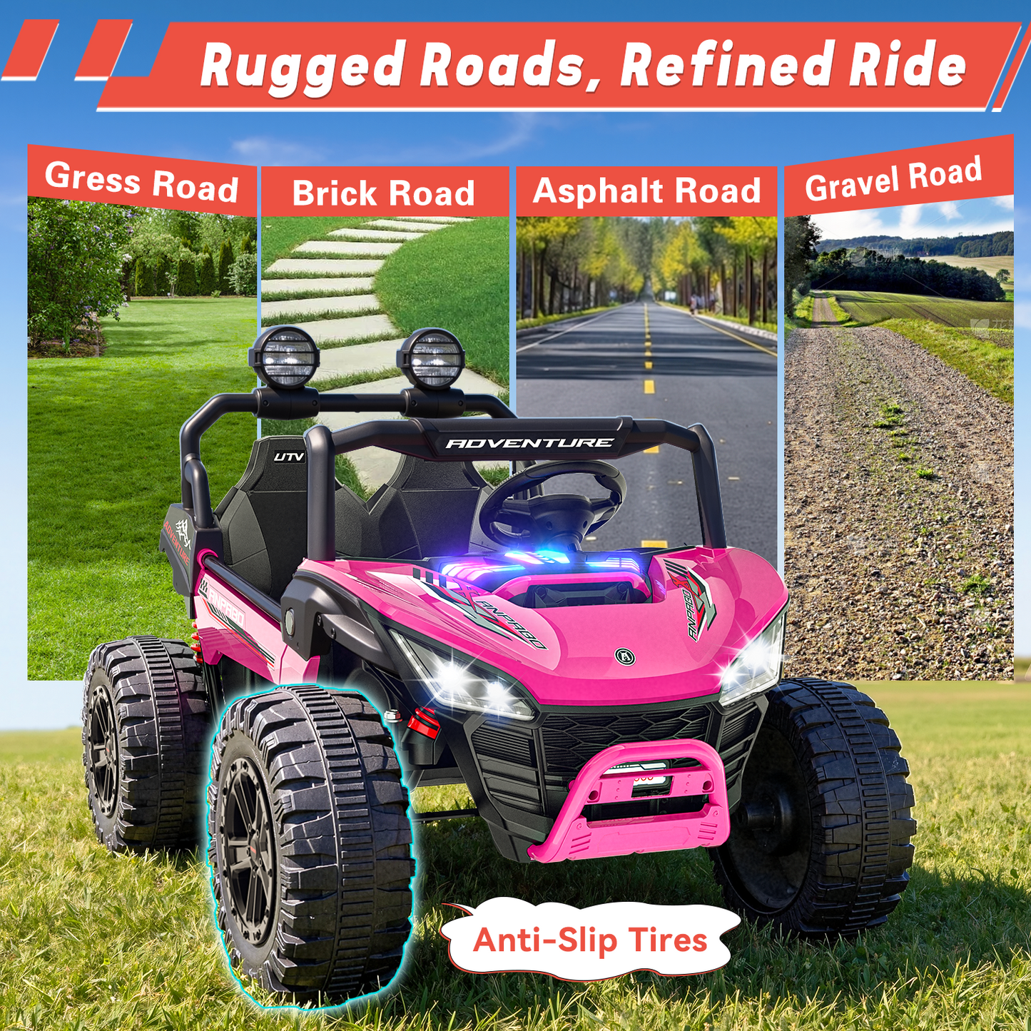 TOKTOO 24V Ride on Toys for Big Kids, 2 Seater Ride on Car, 800W Kids Electric Car with Remote, Rainbow Lights, Max 5.1Mph, Shock-Absorbing Springs, Storage, Bluetooth, Gifts for Girls Aged 3-8