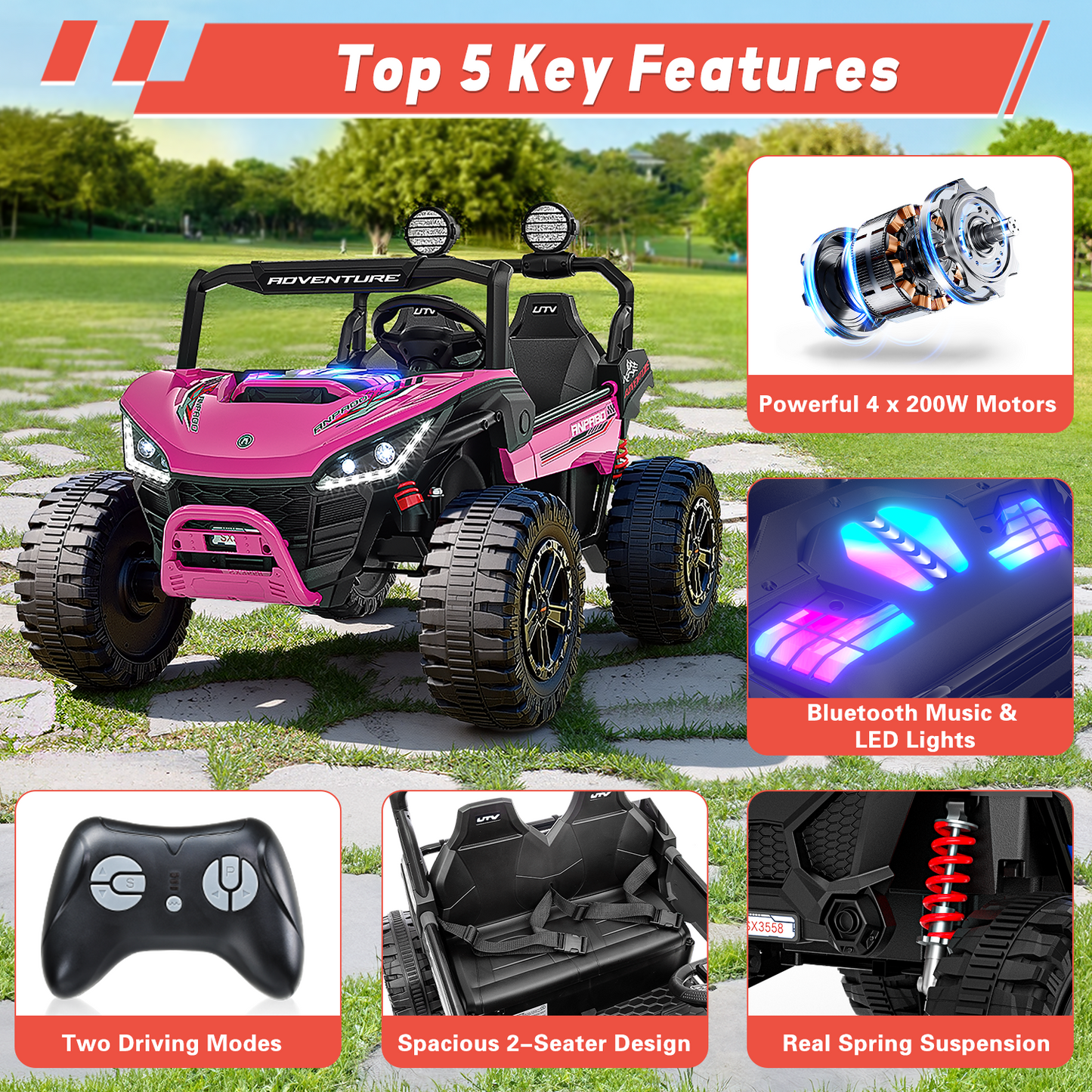 TOKTOO 24V Ride on Toys for Big Kids, 2 Seater Ride on Car, 800W Kids Electric Car with Remote, Rainbow Lights, Max 5.1Mph, Shock-Absorbing Springs, Storage, Bluetooth, Gifts for Girls Aged 3-8