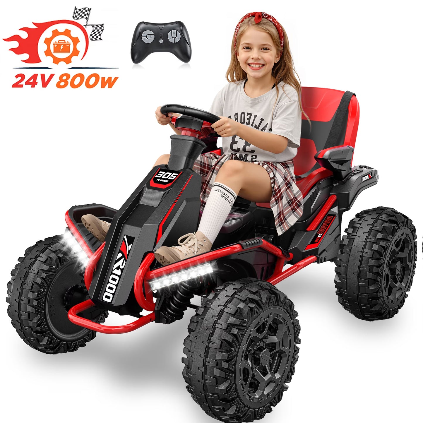 TOKTOO 24V Ride On Toys for Big Kids, 4WD Ride On Car with Parent Remote, 4 Wheeler for Kids Age 5-12, ATV Electric Cars for Kids with Adjustable Seat, LED Lights & Music