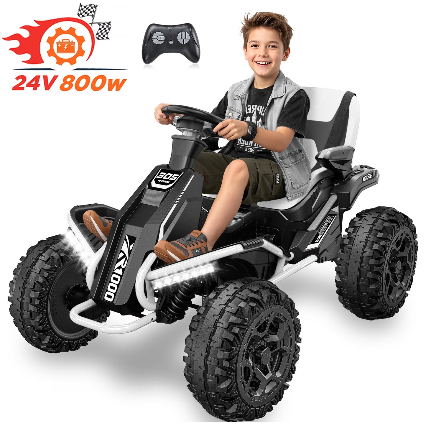 TOKTOO 24V Ride On Toys for Big Kids, 4WD Ride On Car with Parent Remote, 4 Wheeler for Kids Age 5-12, ATV Electric Cars for Kids with Adjustable Seat, LED Lights & Music