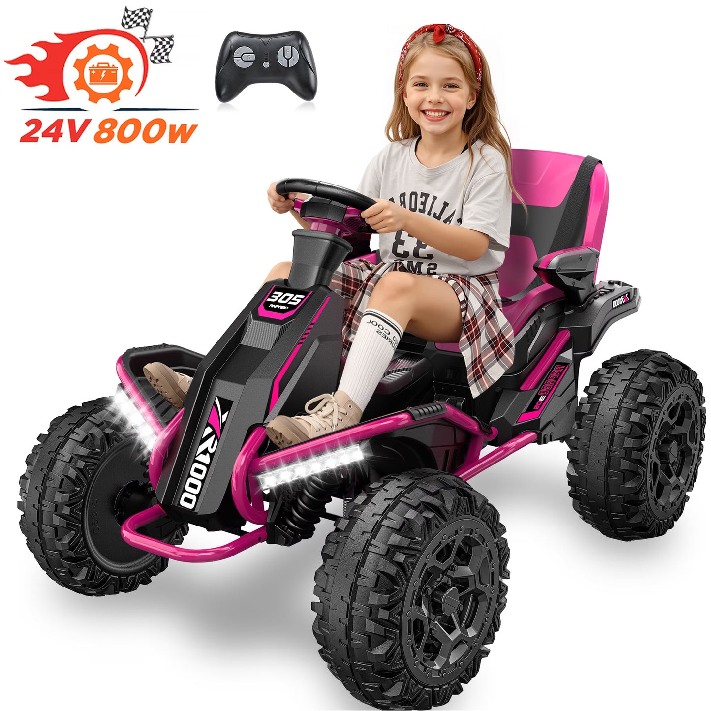 TOKTOO 24V Ride On Toys for Big Kids, 4WD Ride On Car with Parent Remote, 4 Wheeler for Kids Age 5-12, ATV Electric Cars for Kids with Adjustable Seat, LED Lights & Music