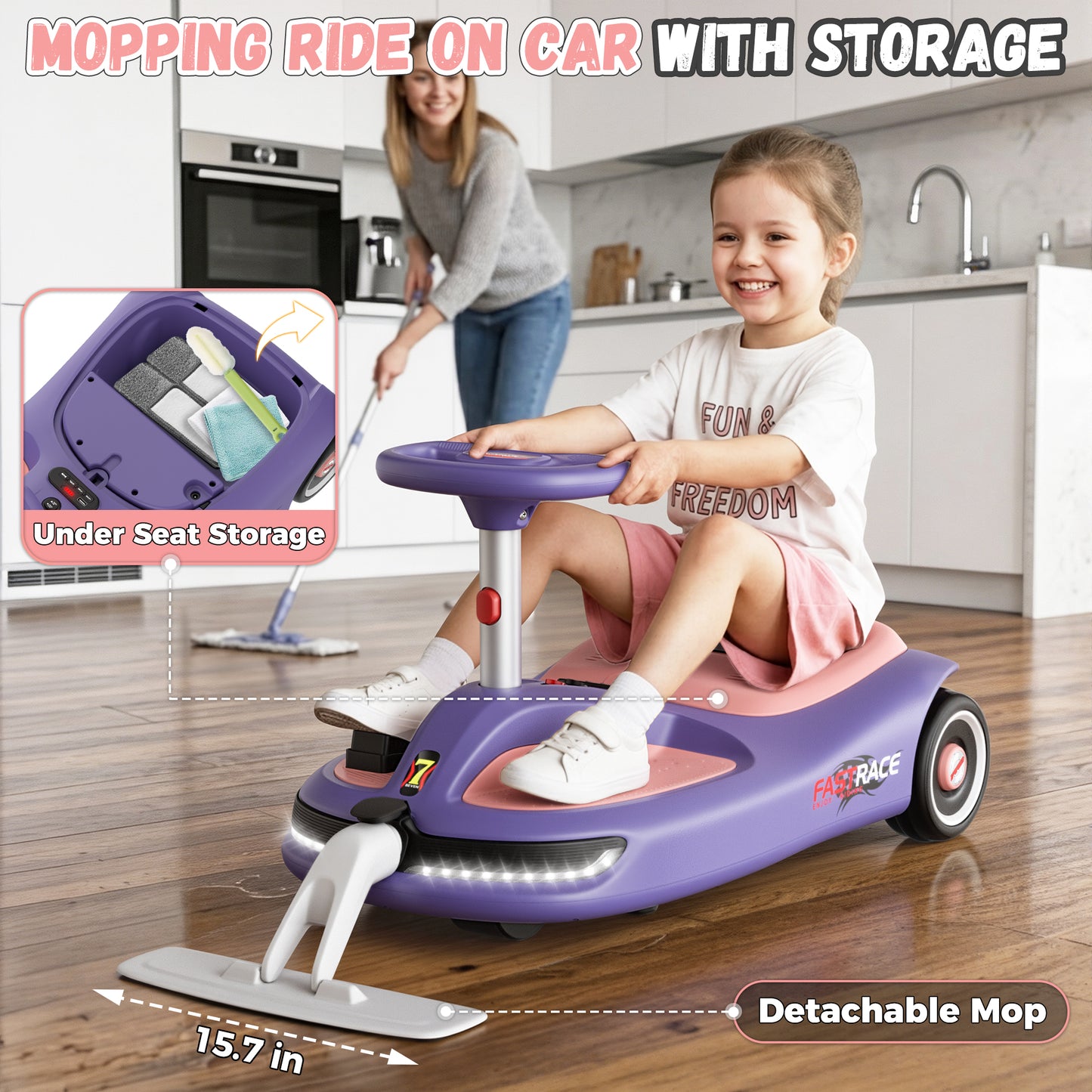 TOYBSNR 12V Ride on Toys for Kids with Cleaning Fun