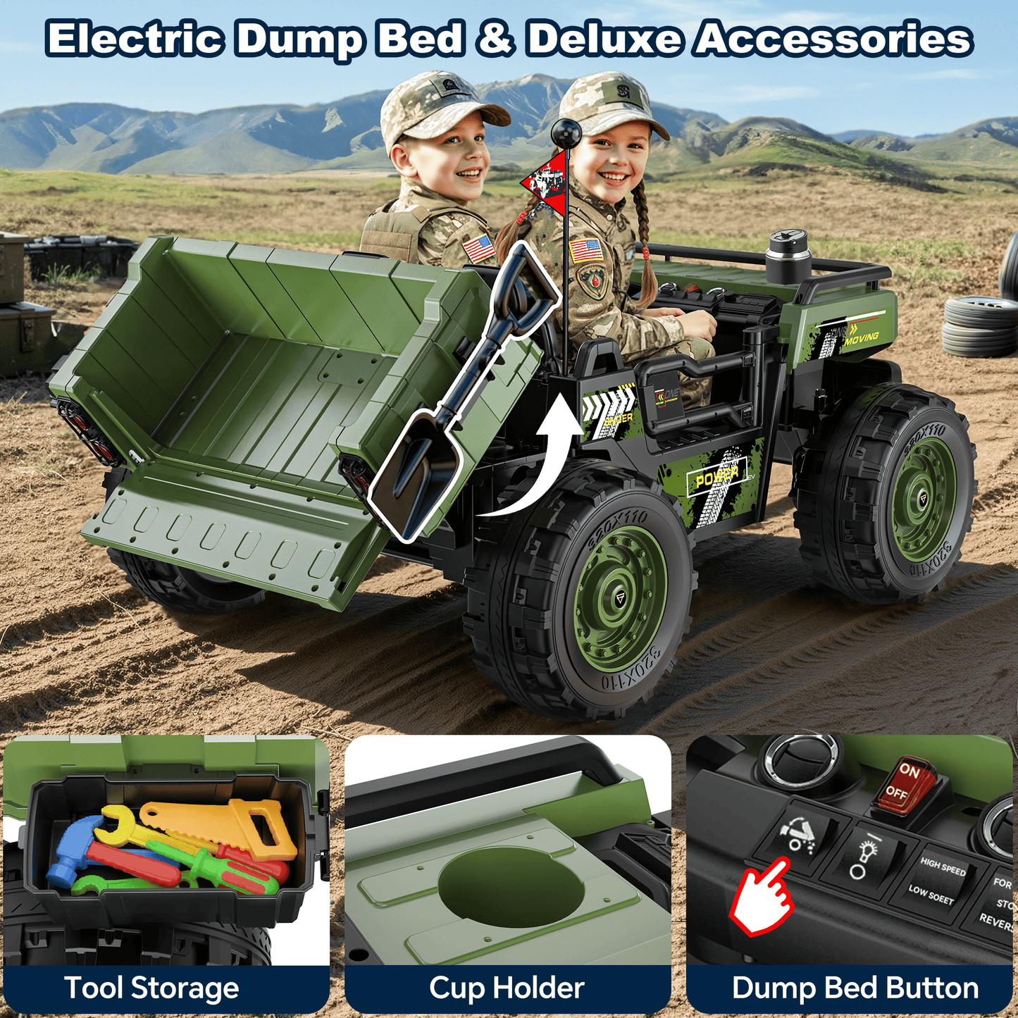 TOKTOO 24V Powered Ride on Dump Truck, 24V 2 Seater Ride on Car for Big Kid, 24 Volt Ride on Toy with Powerful Wheels for Boy Girl, 24V Ride Ons for Kid Aged 3-8Y