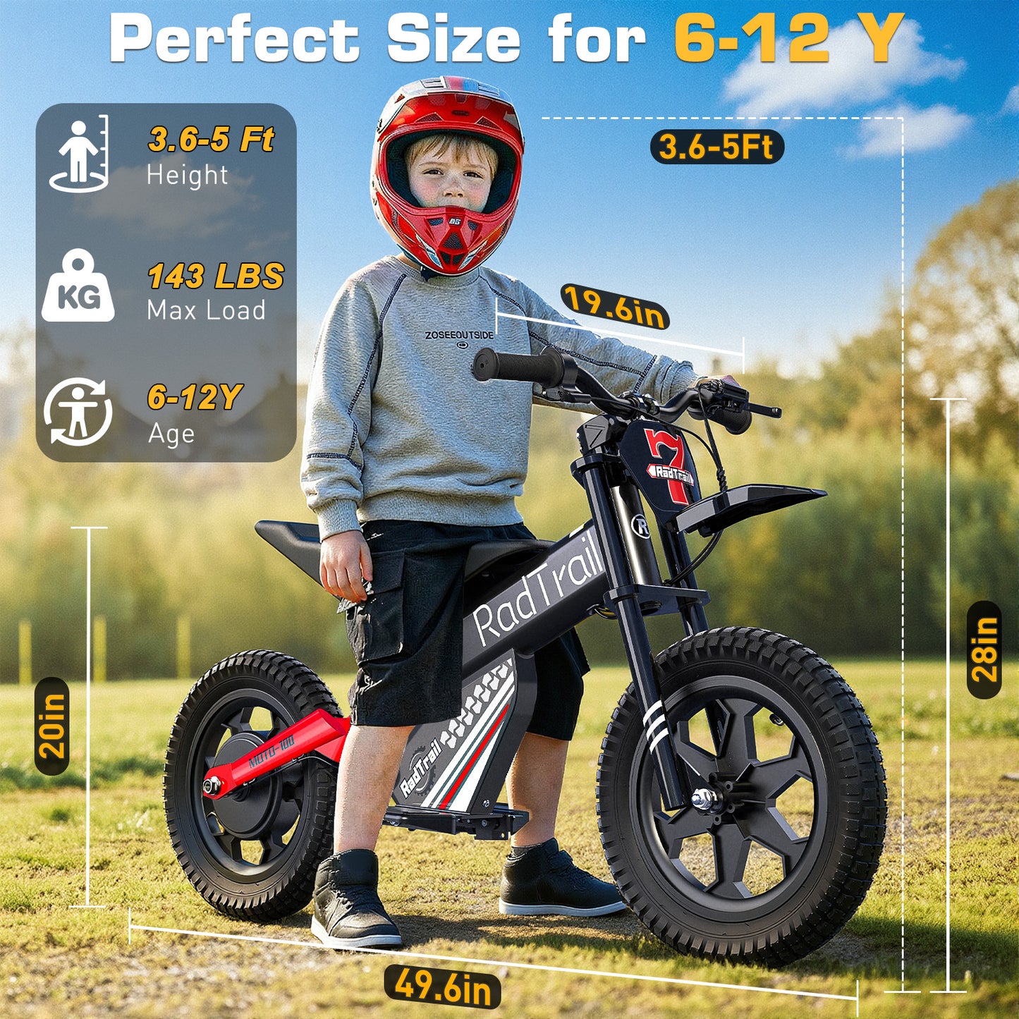 TOKTOO 36V Electric Dirt Bike for Kids Aged 6-12, 14" Inflatable Tires
