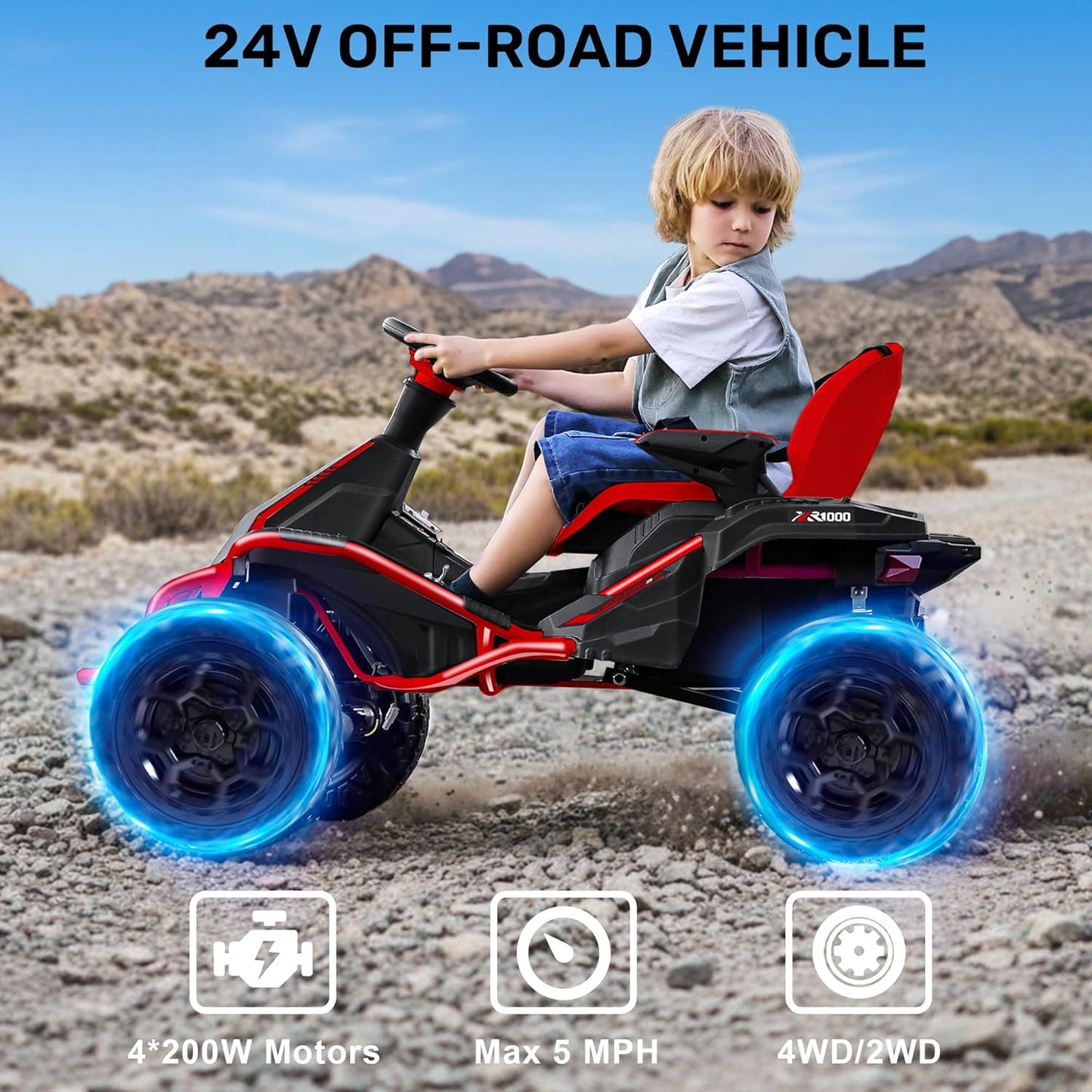 TOKTOO 24V Ride On Toys for Big Kids, 4WD Ride On Car with Parent Remote, 4 Wheeler for Kids Age 5-12, ATV Electric Cars for Kids with Adjustable Seat, LED Lights & Music