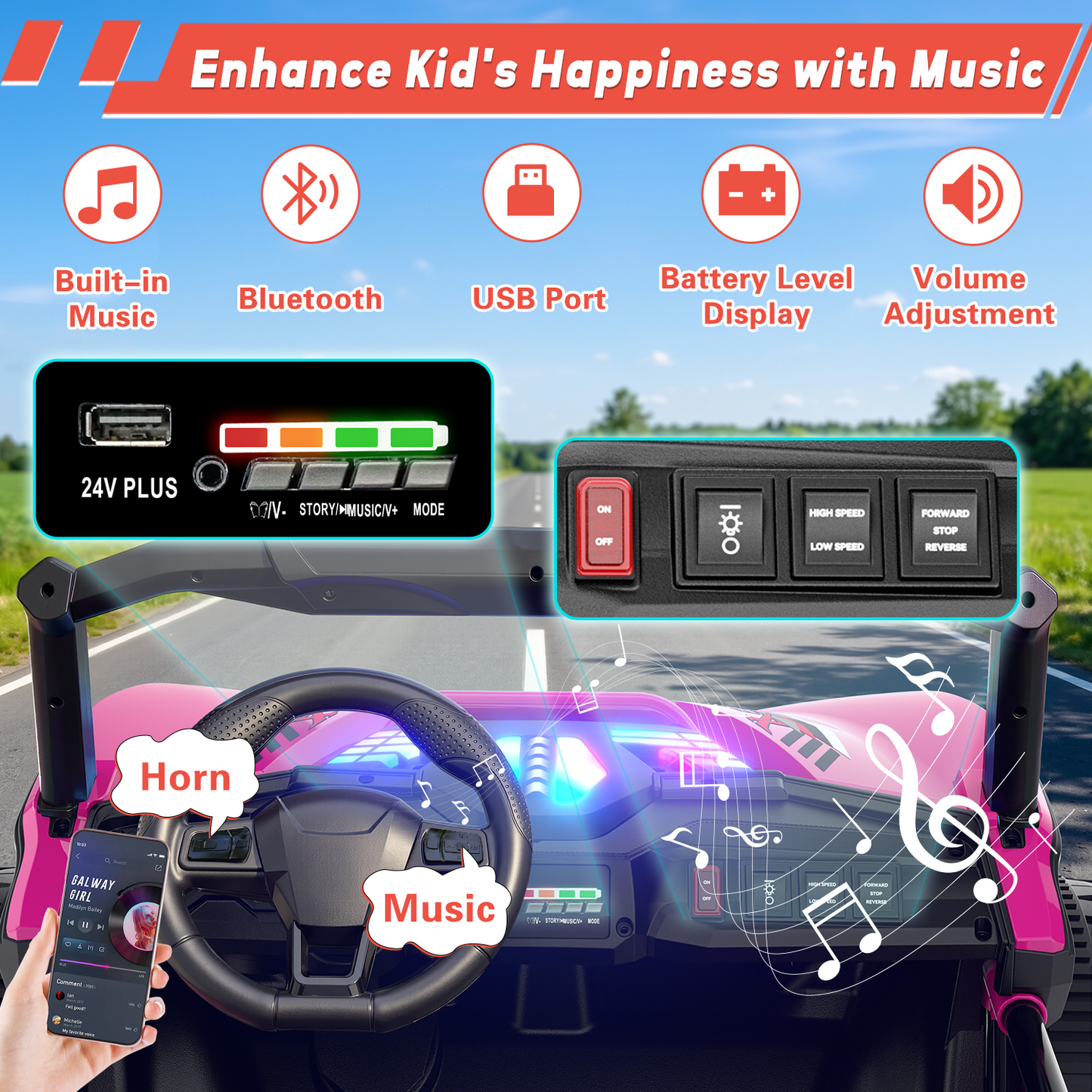TOKTOO 24V Ride on Toys for Big Kids, 2 Seater Ride on Car, 800W Kids Electric Car with Remote, Rainbow Lights, Max 5.1Mph, Shock-Absorbing Springs, Storage, Bluetooth, Gifts for Girls Aged 3-8